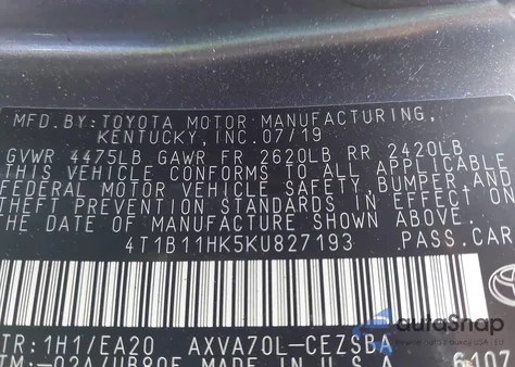 2019 Toyota Camry Se z USA, uszkodzony, nr VIN 4T1B11HK5KU827193